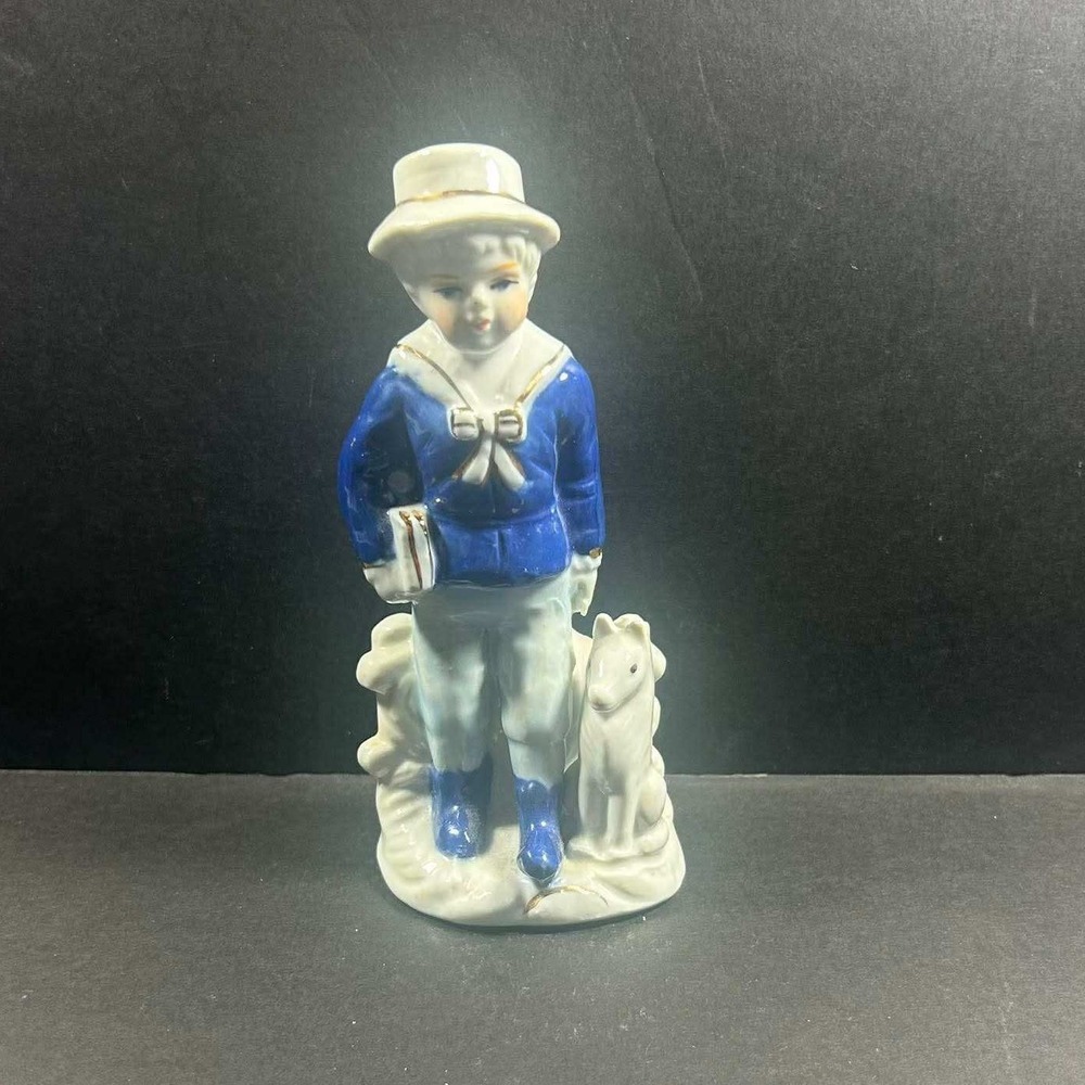 Sailor‎ Boy Figurine Blue White Porcelain Dog Gold Accents Vintage Trinket